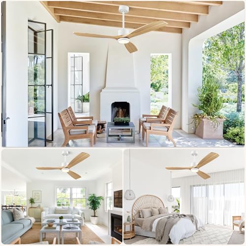 Eliora 52 60 inch Ceiling Fans with Lights and Remote Control, Outdoor Ceiling Fans for Patios, 3 Solid Wood Blades, Quiet DC Motor, Ceiling Fans with light, ETL Listed(Nature Wood)