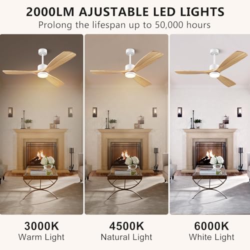 Eliora 52 60 inch Ceiling Fans with Lights and Remote Control, Outdoor Ceiling Fans for Patios, 3 Solid Wood Blades, Quiet DC Motor, Ceiling Fans with light, ETL Listed(Nature Wood)