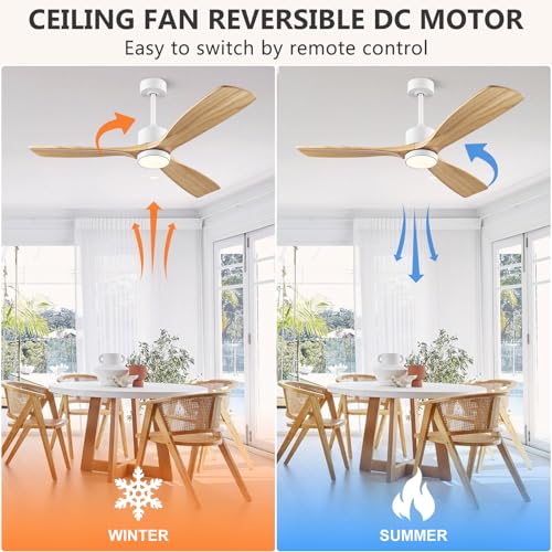 Eliora 52 60 inch Ceiling Fans with Lights and Remote Control, Outdoor Ceiling Fans for Patios, 3 Solid Wood Blades, Quiet DC Motor, Ceiling Fans with light, ETL Listed(Nature Wood)