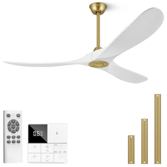 Ceiling Fan Without Lights 52 60 72 88 Inch Large Ceiling Fan, Outdoor Ceiling Fan No Lights with Wall and Remote Control, 3 Blade Solid Wood Indoor Outdoor Ceiling Fans for Patios ETL Listed-White gold