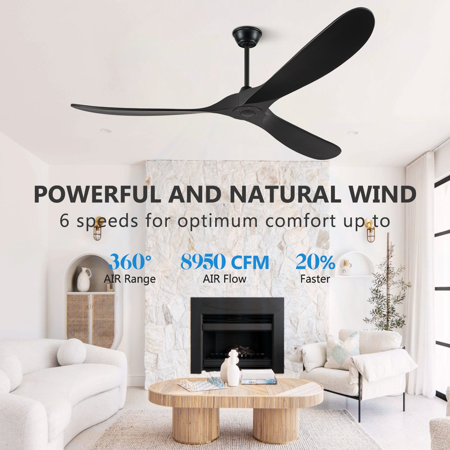 Eliora Ceiling Fan without Light, 52 60 72 88 Inch Wood Ceiling Fan no Light with Remote Wall Switch, Outdoor Ceiling Fan for Patio, Porch, Bedroom, 6 Speed, Quiet DC Motor, ETL Listed-Black