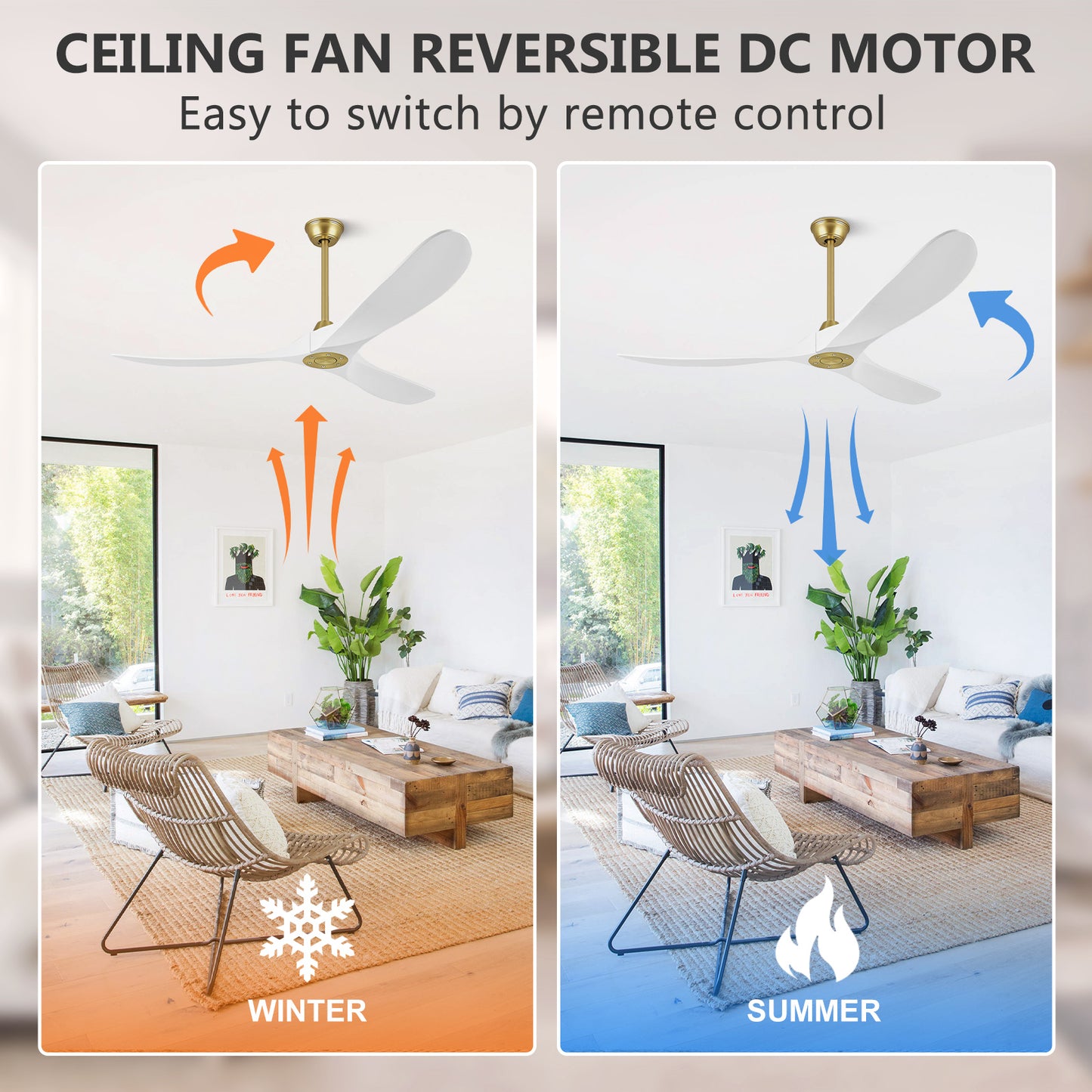 Ceiling Fan Without Lights 52 60 72 88 Inch Large Ceiling Fan, Outdoor Ceiling Fan No Lights with Wall and Remote Control, 3 Blade Solid Wood Indoor Outdoor Ceiling Fans for Patios ETL Listed-White gold