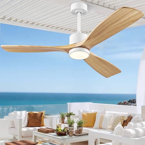 Eliora 52 60 inch Ceiling Fans with Lights and Remote Control, Outdoor Ceiling Fans for Patios, 3 Solid Wood Blades, Quiet DC Motor, Ceiling Fans with light, ETL Listed(Nature Wood)