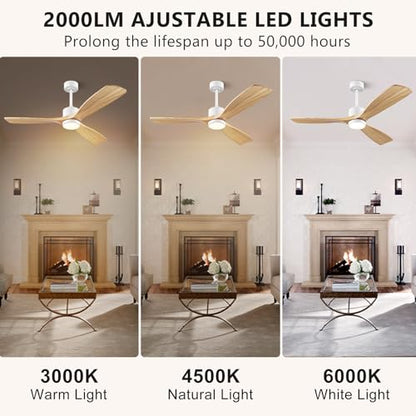 Eliora 52 60 inch Ceiling Fans with Lights and Remote Control, Outdoor Ceiling Fans for Patios, 3 Solid Wood Blades, Quiet DC Motor, Ceiling Fans with light, ETL Listed(Nature Wood)